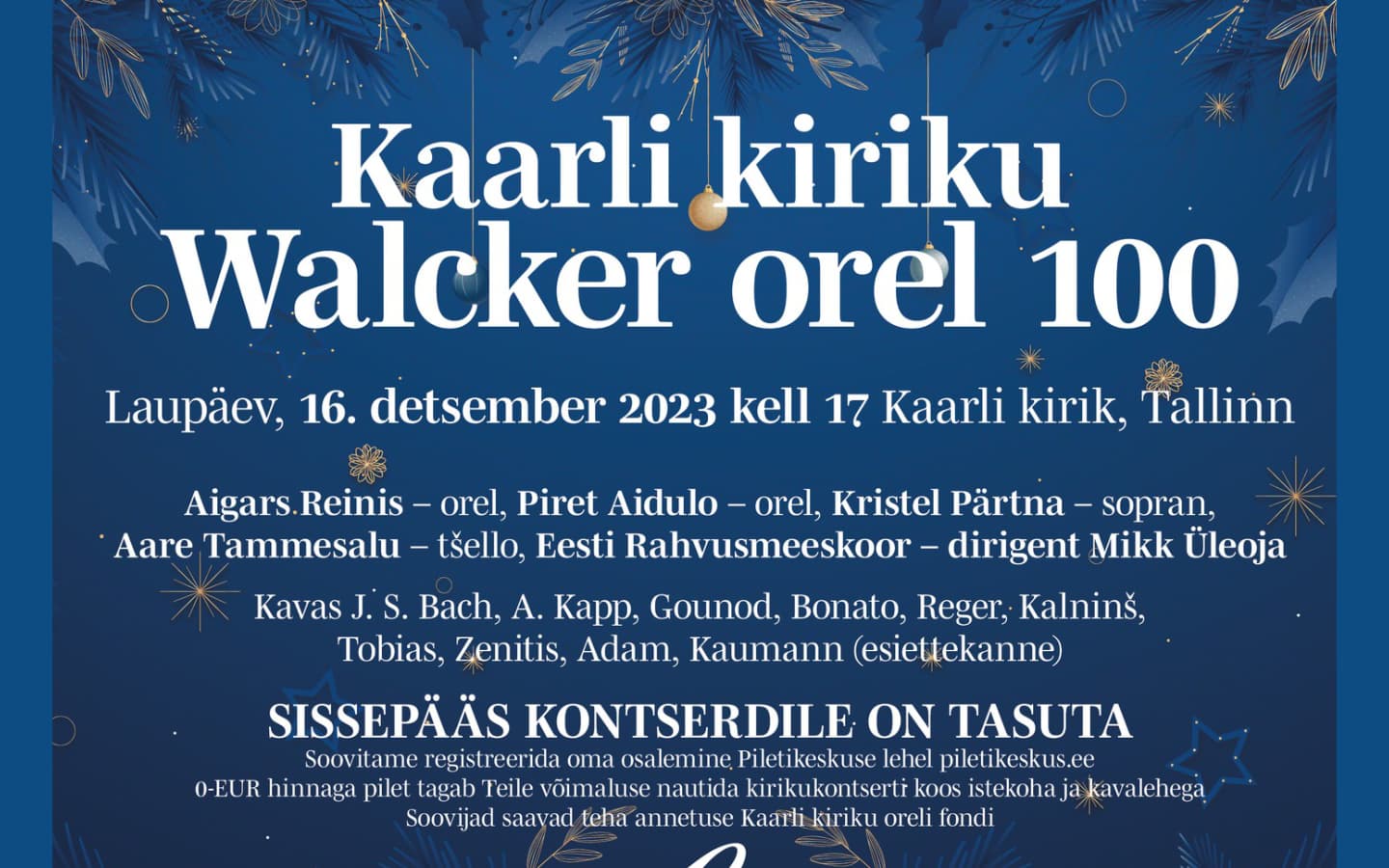Tallinna Kaarli kogudus kutsub kontserdile „100 aastat Walckeri oreli pühitsemisest“