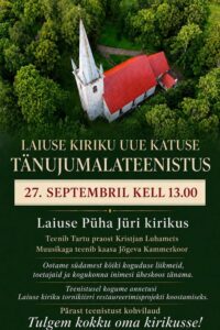 Laiuse kiriku uue katuse tänujumalateenistuse kuulutus, üleval õhufoto punase katusega kirikust